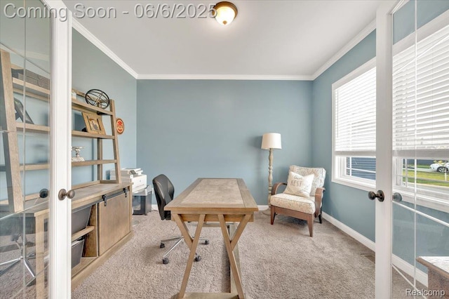 343 Hidden Riv E, Holly, MI 48442 - carpeted home office with french doors, ornamental molding, and baseboards