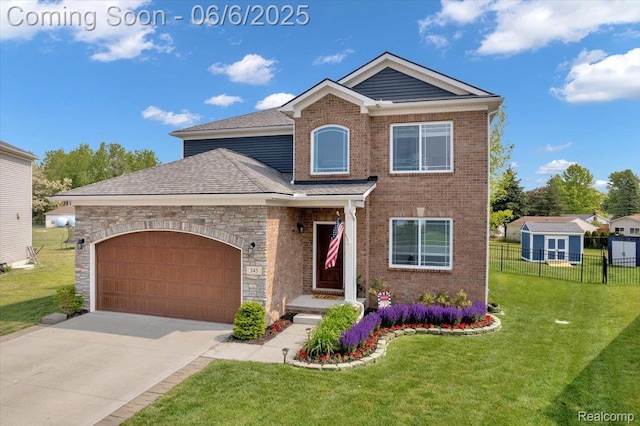 343 Hidden Riv E, Holly, MI 48442 - view of front facade featuring an attached garage, driveway, a shingled roof, stone siding, and brick siding