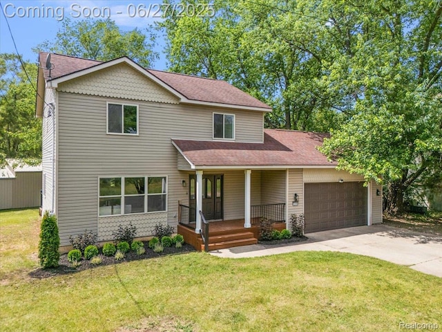 9248 Riverside Dr, Brighton, MI 48116 - view of front of home featuring covered porch, an attached garage, concrete driveway, a front yard, and roof with shingles