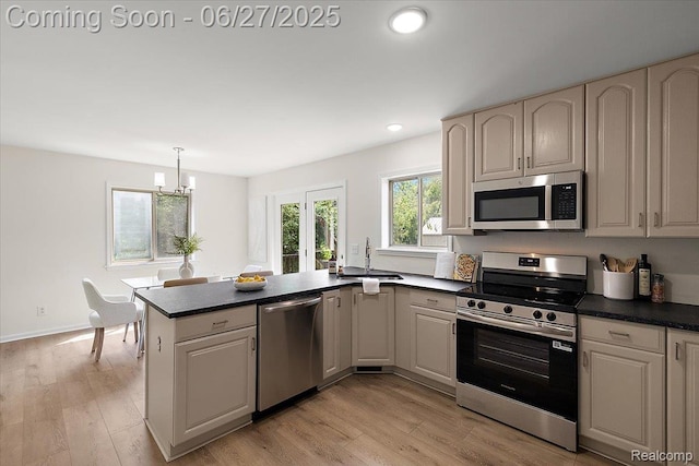 9248 Riverside Dr, Brighton, MI 48116 - kitchen with appliances with stainless steel finishes, dark countertops, light wood-style floors, a peninsula, and recessed lighting