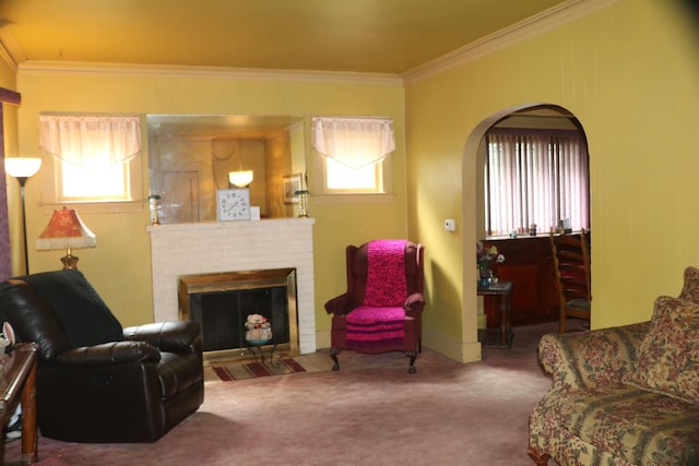 1223 Bemis St SE, Grand Rapids, MI 49506 - living room featuring ornamental molding, carpet flooring, arched walkways, and a brick fireplace