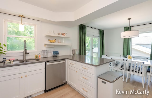 1731 Edgewood Ave SE, Grand Rapids, MI 49506 - kitchen featuring dishwasher, a sink, a peninsula, white cabinetry, and dark countertops