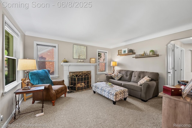22601 Colony St, Saint Clair Shores, MI 48080 - living area with carpet floors, a fireplace with flush hearth, and arched walkways