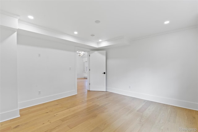 5164 Plymouth Rd, Ann Arbor, MI 48105 - unfurnished room featuring crown molding, light wood-type flooring, a chandelier, recessed lighting, and a tray ceiling