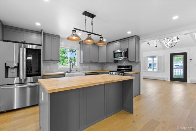 5164 Plymouth Rd, Ann Arbor, MI 48105 - kitchen with stainless steel appliances, wooden counters, gray cabinetry, light wood-style flooring, and recessed lighting