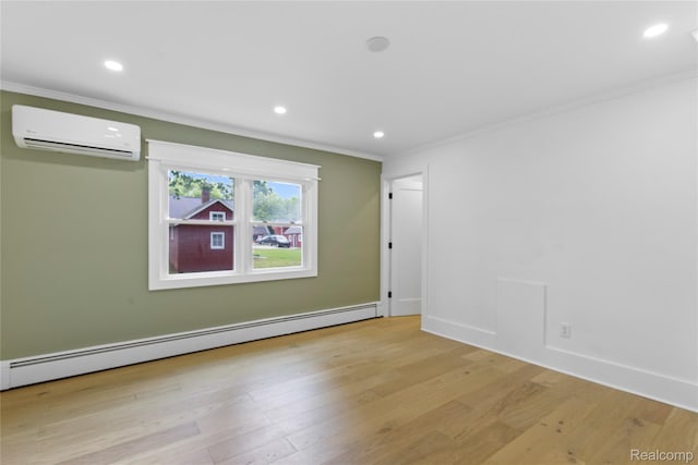 5164 Plymouth Rd, Ann Arbor, MI 48105 - spare room featuring a wall mounted air conditioner, a baseboard heating unit, ornamental molding, wood finished floors, and recessed lighting