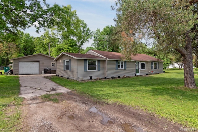 4828 Rathbun Rd, Birch Run, MI 48415 - ranch-style house with an outbuilding, a garage, a front yard, crawl space, and driveway