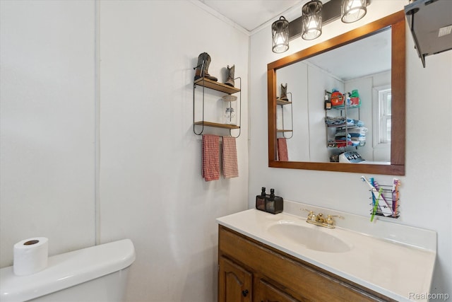 4828 Rathbun Rd, Birch Run, MI 48415 - half bath featuring toilet, vanity, and crown molding
