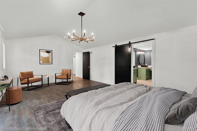 5080 Tootmoor Rd, Bloomfield Hills, MI 48302 - bedroom featuring a barn door, a chandelier, lofted ceiling, and wood finished floors
