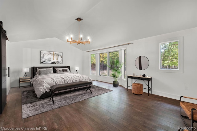 5080 Tootmoor Rd, Bloomfield Hills, MI 48302 - bedroom with a chandelier, dark wood-style floors, vaulted ceiling, and baseboards