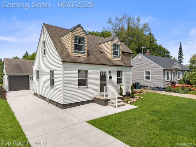 1703 N Blair Ave, Royal Oak, MI 48067 - cape cod house with driveway, roof with shingles, a front lawn, an outbuilding, and a garage