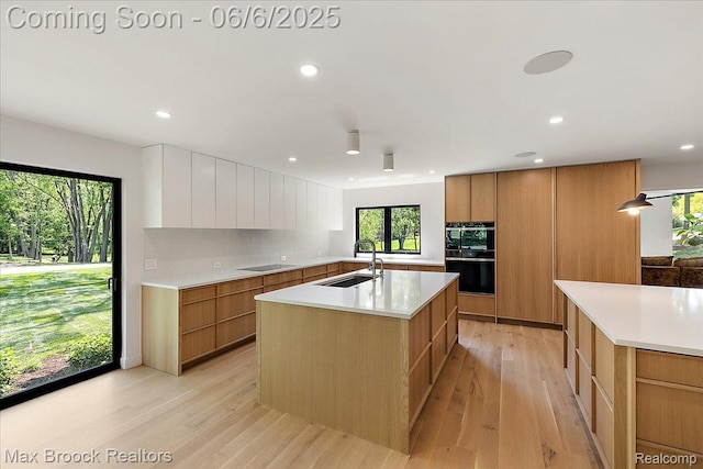 4340 Charing Cross Rd, Bloomfield Hills, MI 48304 - kitchen featuring a sink, modern cabinets, light wood finished floors, a kitchen island with sink, and black appliances