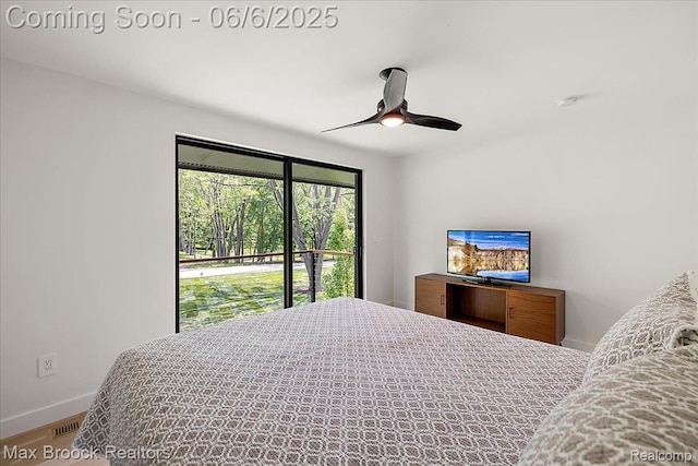 4340 Charing Cross Rd, Bloomfield Hills, MI 48304 - bedroom with baseboards, access to exterior, ceiling fan, and wood finished floors