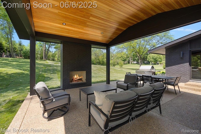 4340 Charing Cross Rd, Bloomfield Hills, MI 48304 - view of patio / terrace featuring an outdoor living space with a fireplace, a grill, and outdoor dining area
