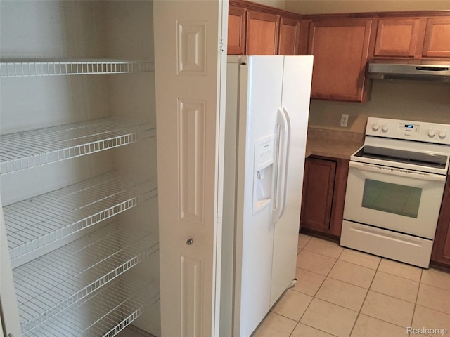 49225 W Woods Dr Unit 20, Utica, MI 48317 - kitchen featuring white appliances, under cabinet range hood, brown cabinets, and light tile patterned floors