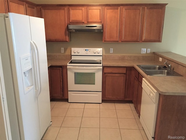 49225 W Woods Dr Unit 20, Utica, MI 48317 - kitchen with white appliances, under cabinet range hood, a sink, brown cabinets, and light tile patterned floors