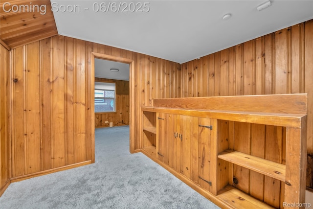 9248 Manor St, Detroit, MI 48204 - corridor with wood walls, carpet, and lofted ceiling