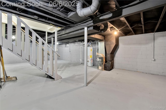 9248 Manor St, Detroit, MI 48204 - unfinished basement with water heater, stairs, and heating unit