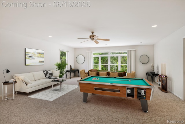 4230 Mill Lake Rd, Lake Orion, MI 48360 - playroom featuring billiards table, carpet floors, a ceiling fan, and recessed lighting