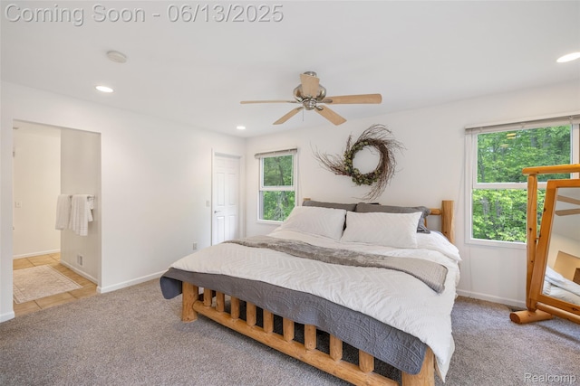 4230 Mill Lake Rd, Lake Orion, MI 48360 - bedroom with recessed lighting, multiple windows, light carpet, ceiling fan, and connected bathroom