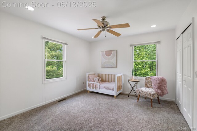 4230 Mill Lake Rd, Lake Orion, MI 48360 - carpeted bedroom with multiple windows, a closet, recessed lighting, and a ceiling fan
