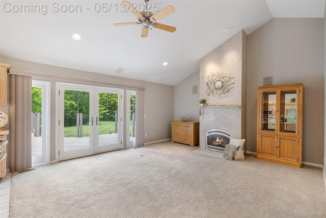 4230 Mill Lake Rd, Lake Orion, MI 48360 - unfurnished living room with a ceiling fan, a fireplace, high vaulted ceiling, carpet, and french doors