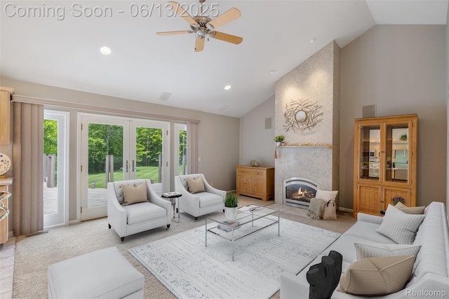4230 Mill Lake Rd, Lake Orion, MI 48360 - living room featuring ceiling fan, high vaulted ceiling, a large fireplace, french doors, and recessed lighting