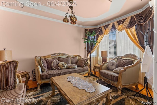 4851 Williamson St, Dearborn, MI 48126 - living area featuring wood finished floors, ornamental molding, and a tray ceiling