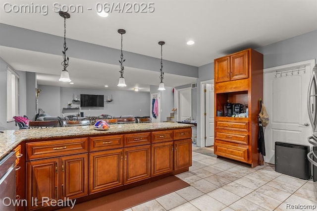 4851 Williamson St, Dearborn, MI 48126 - kitchen with dishwasher, brown cabinetry, hanging light fixtures, light stone countertops, and open floor plan
