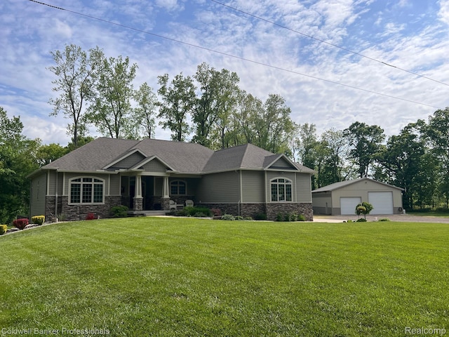 4264 W Benjamin Rd, Perry, MI 48872 - craftsman-style home featuring stone siding, a garage, an outbuilding, and covered porch