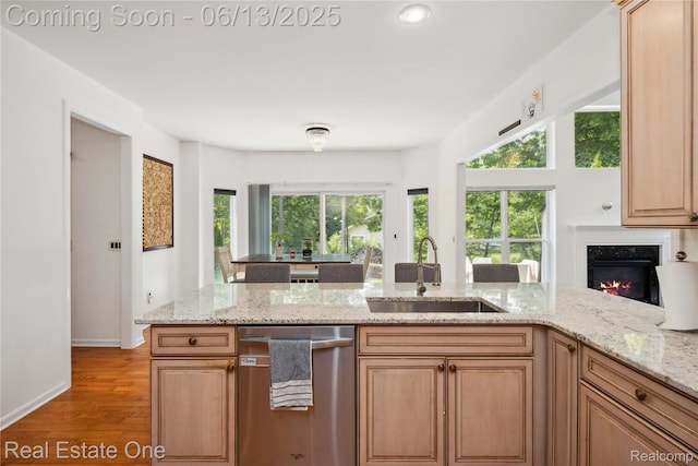 3788 High Grove Way, Lake Orion, MI 48360 - kitchen with dishwasher, a sink, a premium fireplace, light stone countertops, and wood finished floors