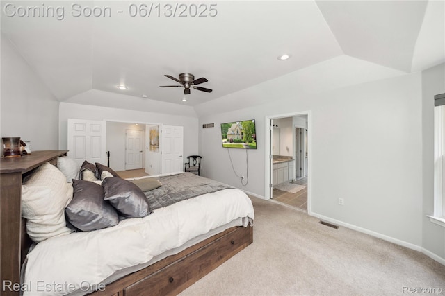 3788 High Grove Way, Lake Orion, MI 48360 - bedroom featuring lofted ceiling, ensuite bath, light colored carpet, baseboards, and recessed lighting