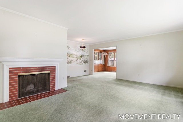 1001 Cricklewood St SW, Wyoming, MI 49509 - unfurnished living room with carpet, crown molding, and a fireplace