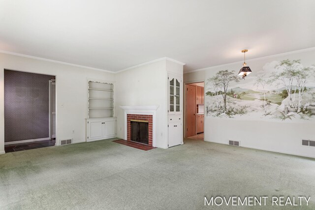1001 Cricklewood St SW, Wyoming, MI 49509 - unfurnished living room featuring crown molding, carpet, a brick fireplace, and built in features