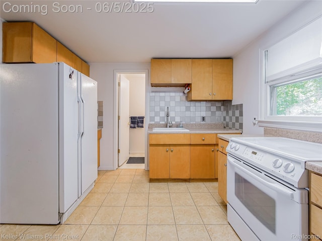 227 Ora Rd, Oxford, MI 48371 - kitchen with white appliances, a sink, light countertops, tasteful backsplash, and light tile patterned flooring