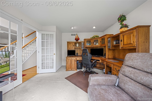 2105 Rob Rdg, Commerce Twp, MI 48390 - office area featuring built in study area, french doors, light colored carpet, and recessed lighting