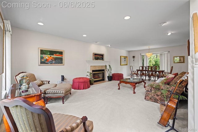 2105 Rob Rdg, Commerce Twp, MI 48390 - living area with carpet flooring, a fireplace, and recessed lighting