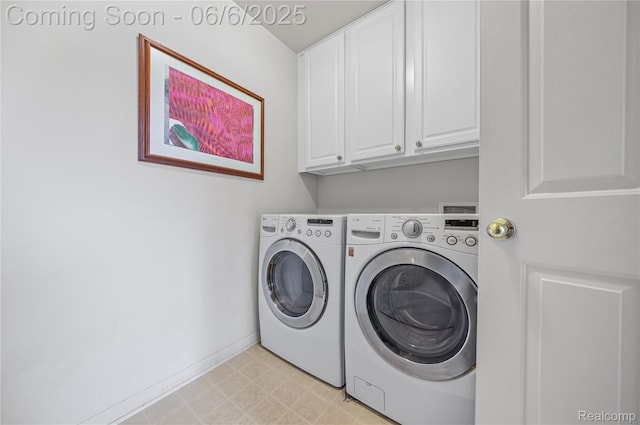 2105 Rob Rdg, Commerce Twp, MI 48390 - washroom featuring cabinet space, washing machine and dryer, light flooring, and baseboards