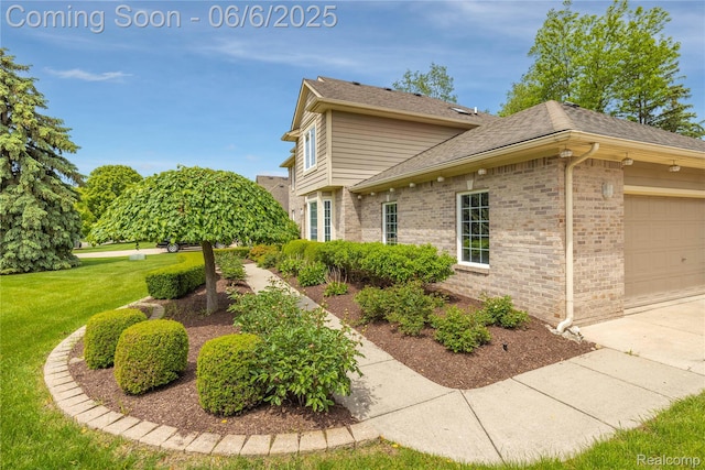 2105 Rob Rdg, Commerce Twp, MI 48390 - view of property exterior featuring brick siding, a lawn, an attached garage, roof with shingles, and concrete driveway