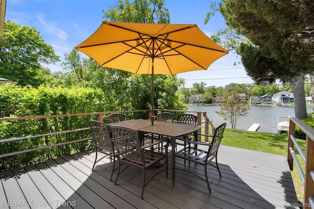 4044 Fieldview Ave, West Bloomfield, MI 48324 - wooden terrace featuring a water view, outdoor dining area, and a lawn