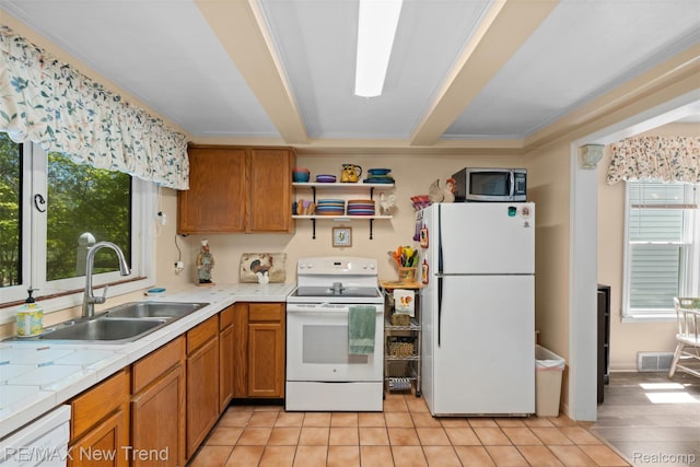 4044 Fieldview Ave, West Bloomfield, MI 48324 - kitchen with white appliances, a sink, brown cabinetry, ornamental molding, and open shelves