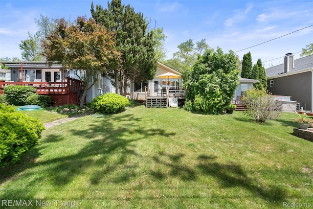 4044 Fieldview Ave, West Bloomfield, MI 48324 - view of green lawn with a wooden deck