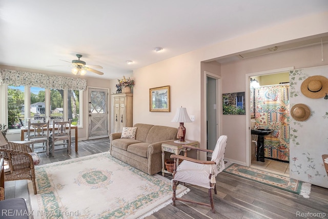 4044 Fieldview Ave, West Bloomfield, MI 48324 - living room featuring wood finished floors, ceiling fan, and baseboards