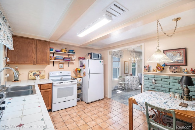 4044 Fieldview Ave, West Bloomfield, MI 48324 - kitchen with white appliances, a sink, tile countertops, open shelves, and brown cabinetry