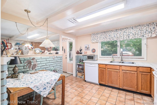 4044 Fieldview Ave, West Bloomfield, MI 48324 - kitchen with dishwasher, a sink, ornamental molding, brown cabinetry, and beam ceiling