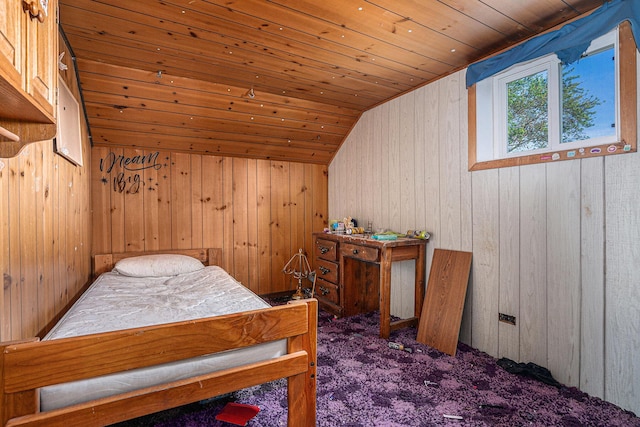 19146 Fairchild Rd, Constantine, MI 49042 - carpeted bedroom featuring wood ceiling, wooden walls, and vaulted ceiling