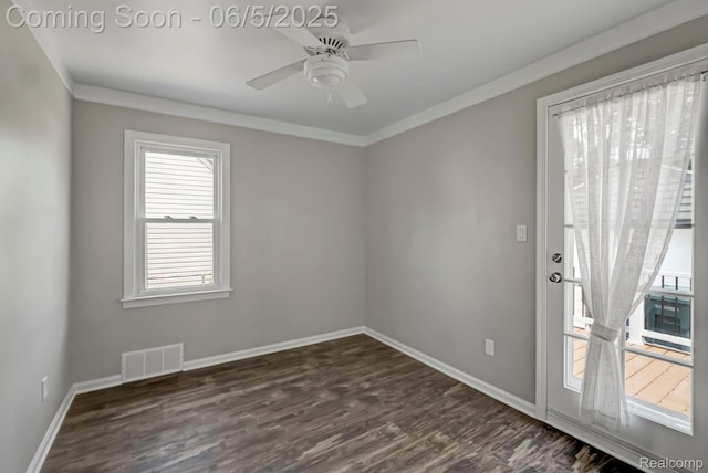 2231 Parker St, Dearborn, MI 48124 - empty room featuring dark wood-style floors, baseboards, a ceiling fan, and crown molding