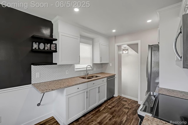 2231 Parker St, Dearborn, MI 48124 - kitchen featuring appliances with stainless steel finishes, open shelves, a sink, dark wood-style flooring, and recessed lighting