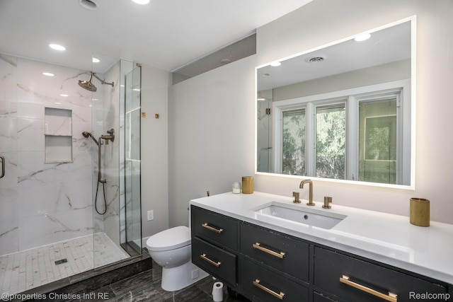 1093 Greentree Rd, Bloomfield Hills, MI 48304 - bathroom featuring toilet, a marble finish shower, vanity, and recessed lighting