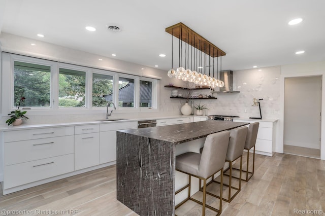 1093 Greentree Rd, Bloomfield Hills, MI 48304 - kitchen featuring wall chimney range hood, a sink, modern cabinets, backsplash, and white cabinetry